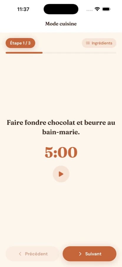 Le mode cuisine sur mobile, étape affichée en grand