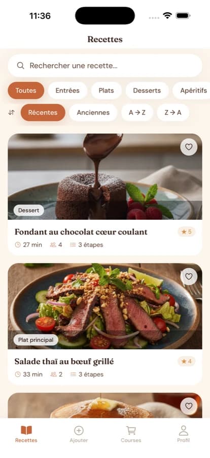 La même bibliothèque de recettes sur mobile