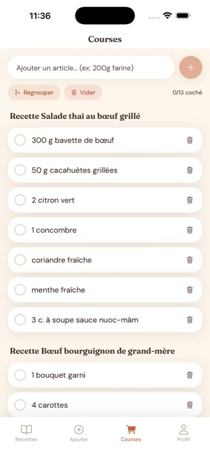 La même liste de courses sur mobile