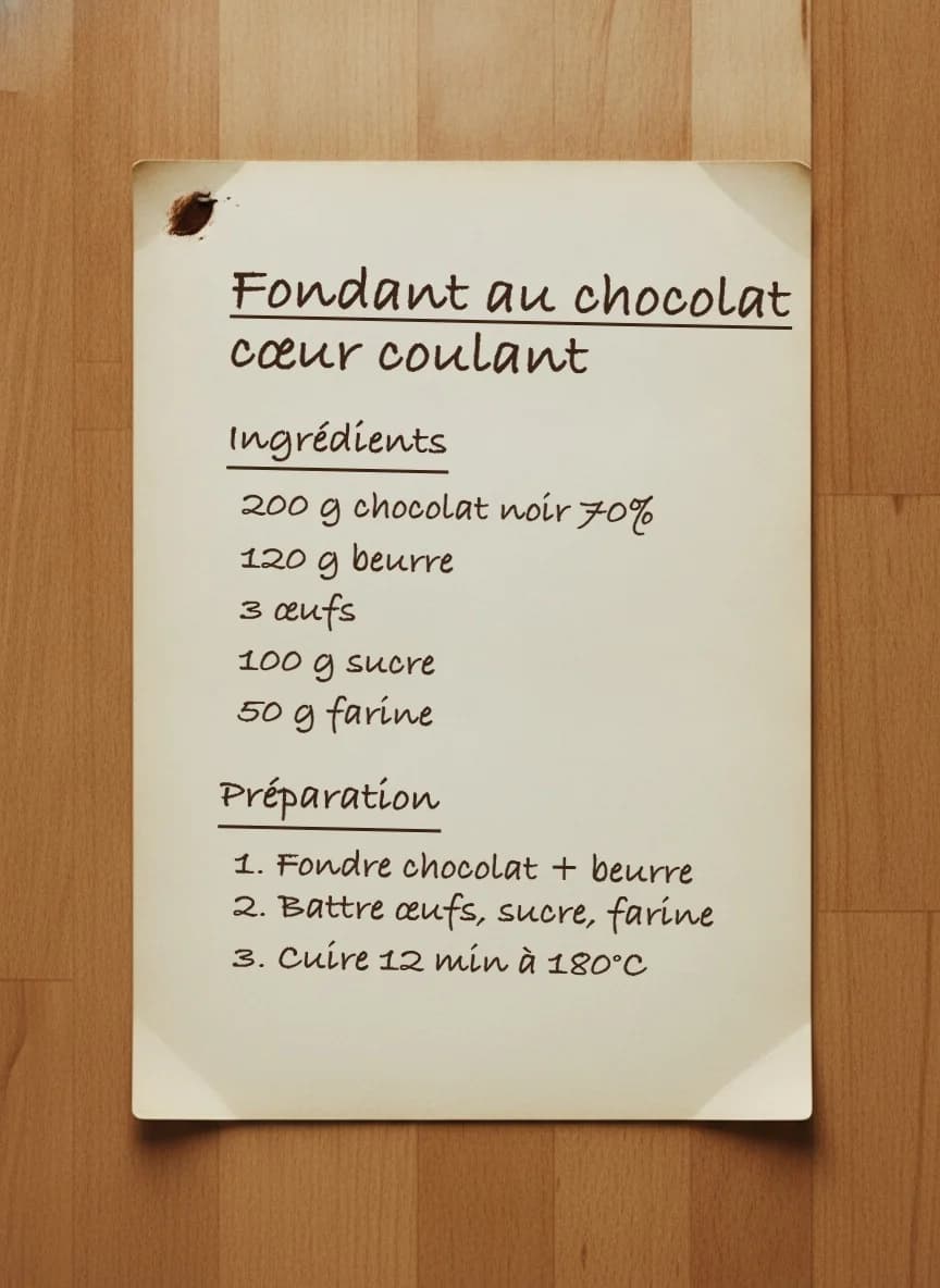 Recette de fondant au chocolat cœur coulant écrite à la main sur une vieille fiche tachée