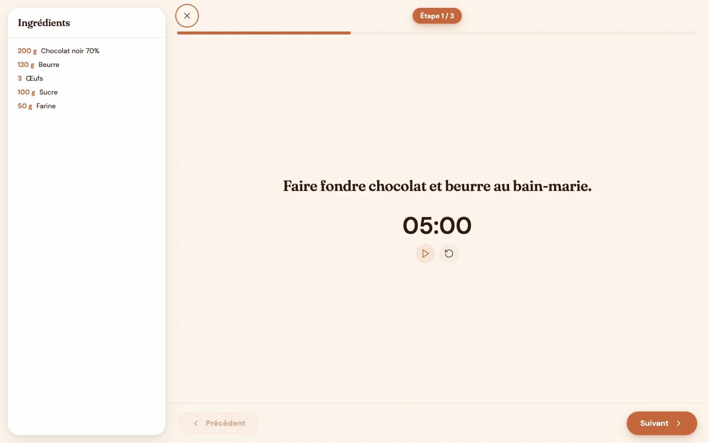 Mode cuisine Cookeep sur ordinateur, avec l'étape en cours et un minuteur